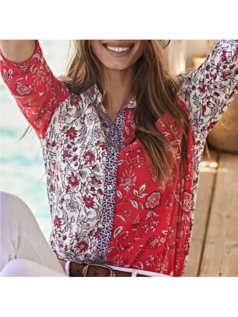 J. Jill Red and White Floral Split-Print Blouse